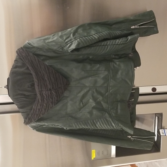 💕GUESS💕 Faux Leather Hooded Moto Jacket Zip Front Scuba ~ Hunter Green XL NWT - Picture 11 of 16